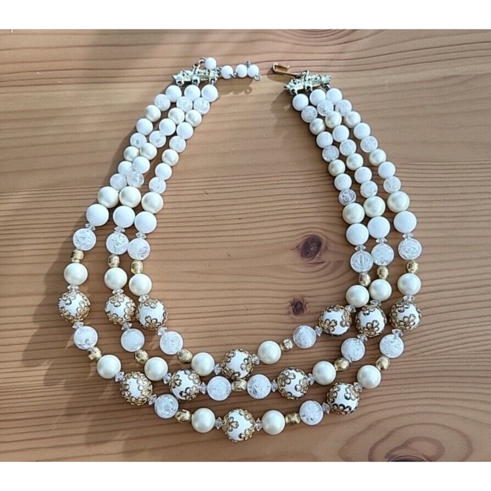Vintage Signed Coro White Filigree Multi Strand Beaded Necklace Gold Tone Hook
